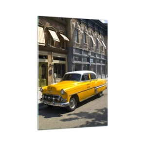 Impression sur verre - Image sur verre - Un taxi jaune dans une rue bordée d'immeubles - 70x100cm - Il y a longtemps en Amérique - Décoration murale moderne pour le salon et la chambre ARTTOR