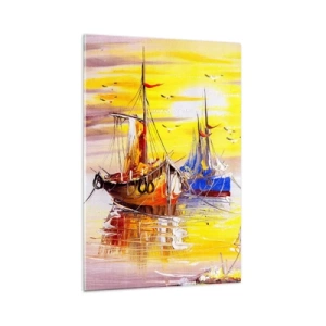 Impression sur verre - Image sur verre - Une scène picturale de bateaux sur une mer calme - 80x120cm - Un repos bien mérité au port - Décoration murale moderne pour le salon et la chambre ARTTOR