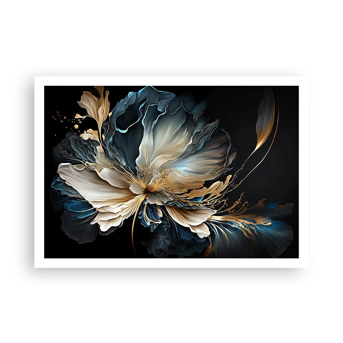 Affiche - Poster - Une fleur dans les tons or et bleu marine sur fond noir - 100x70cm - Fleur de fougère de conte de fées - Décoration murale moderne pour le salon et la chambre ARTTOR