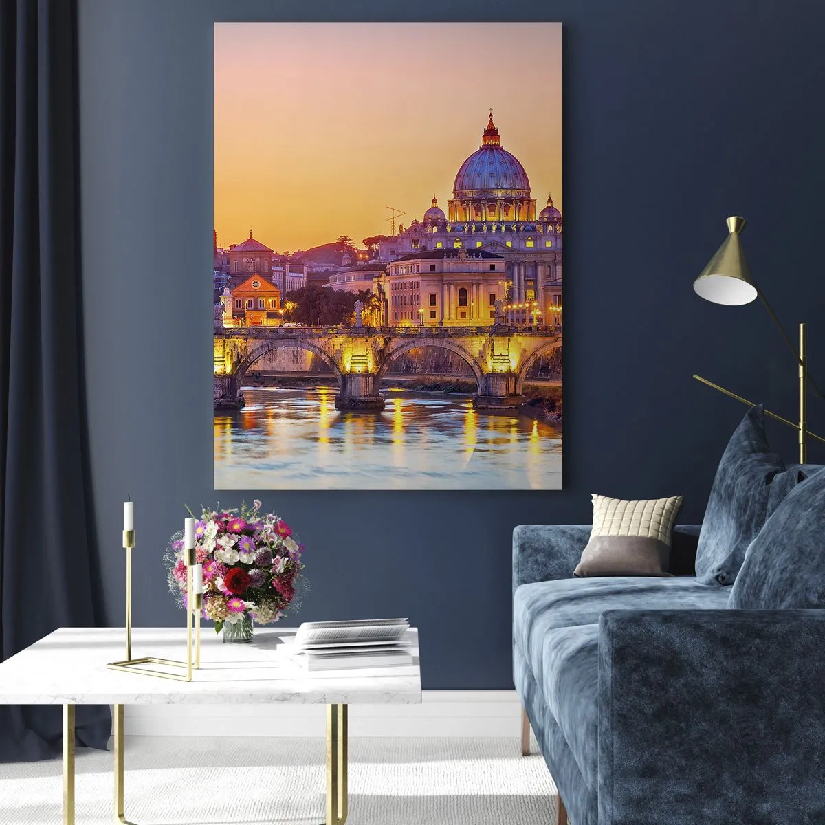 Impression sur verre - Image sur verre - Panorama du Vatican au coucher du soleil avec un pont sur la rivière - 80x120cm - Coucher de soleil sur la ville éternelle - Décoration murale moderne pour le salon et la chambre ARTTOR