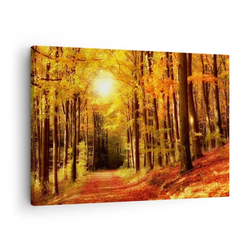 Impression sur toile - Image sur toile - Forêt d'automne avec les rayons du soleil qui brillent à travers les arbres - 70x50cm - Automne doré sur une route forestière - Décoration murale moderne pour le salon et la chambre ARTTOR