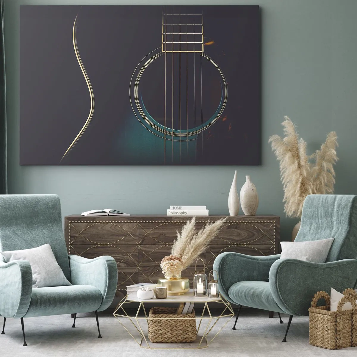 Impression sur toile - Image sur toile - Guitare acoustique dans une lumière sombre et élégante - 70x50cm - Le calme avant la tempête - Décoration murale moderne pour le salon et la chambre ARTTOR