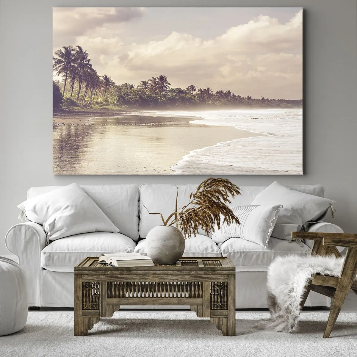 Impression sur toile - Image sur toile - Une plage avec des palmiers et des vagues douces le matin - 120x80cm - La caresse des vagues - Décoration murale moderne pour le salon et la chambre ARTTOR