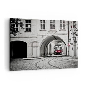 Impression sur toile - Image sur toile - Un tramway noir et blanc dans une rue historique de la ville - 100x70cm - Dans le labyrinthe de la ville - Décoration murale moderne pour le salon et la chambre ARTTOR