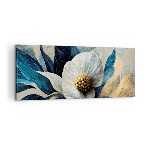 Impression sur toile - Image sur toile - Une fleur aux feuilles bleues sur un fond élégant - 120x50cm - Il a un coeur d'or - Décoration murale moderne pour le salon et la chambre ARTTOR