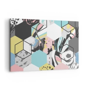 Impression sur toile - Image sur toile - Motif hexagonal géométrique avec des détails abstraits colorés - 100x70cm - Hexagones et cubes en six couleurs - Décoration murale moderne pour le salon et la chambre ARTTOR