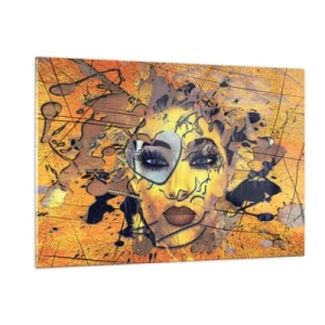 Impression sur verre - Image sur verre - Visage de femme abstrait dans des tons orangés dorés - 120x80cm - Beauté ensoleillée - Décoration murale moderne pour le salon et la chambre ARTTOR