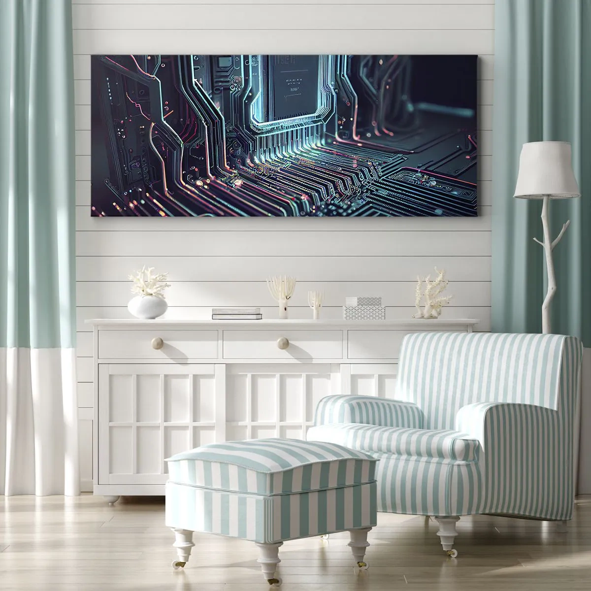 Impression sur toile - Image sur toile - Circuit imprimé technologique avec pistes lumineuses - 140x50cm - Je pense comme ça… - Décoration murale moderne pour le salon et la chambre ARTTOR