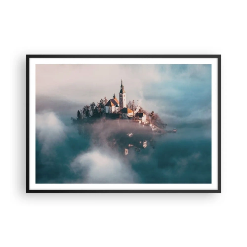 Affiche dans un cadre noir - Poster - Une île pittoresque avec une église entourée de brouillard - 100x70cm - Île de rêve - Décoration murale moderne pour le salon et la chambre ARTTOR