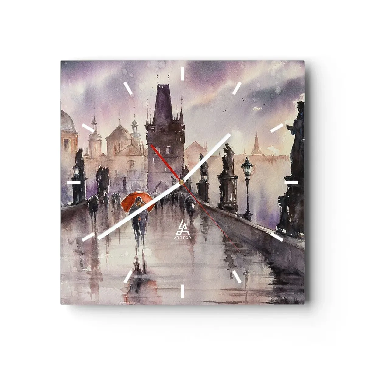Horloge murale - Pendule murale - Vue romantique d'un pont avec un parapluie sur fond de ville en soirée - 30x30cm - Les gens ne changent pas - Décoration murale moderne pour le salon et la chambre ARTTOR