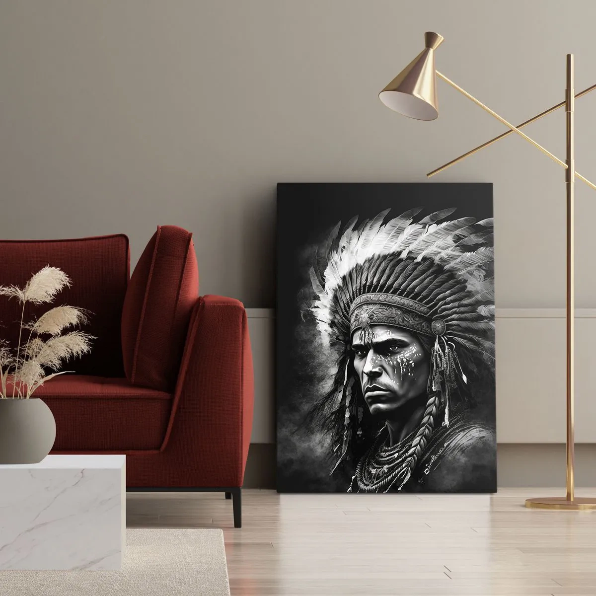 Impression sur toile - Image sur toile - Portrait d'un chef portant une coiffe à plumes sur fond noir - 50x70cm - Un leader et un guerrier - Décoration murale moderne pour le salon et la chambre ARTTOR