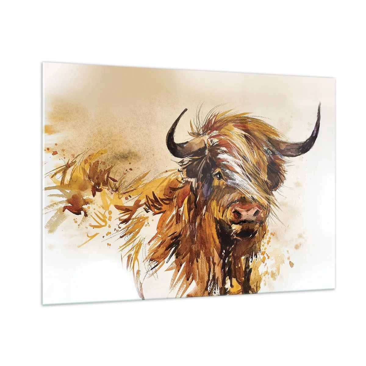 Impression sur verre - Image sur verre - Illustration à l'aquarelle d'un taureau écossais à poil long - 100x70cm - Fierté du chasseur - Décoration murale moderne pour le salon et la chambre ARTTOR