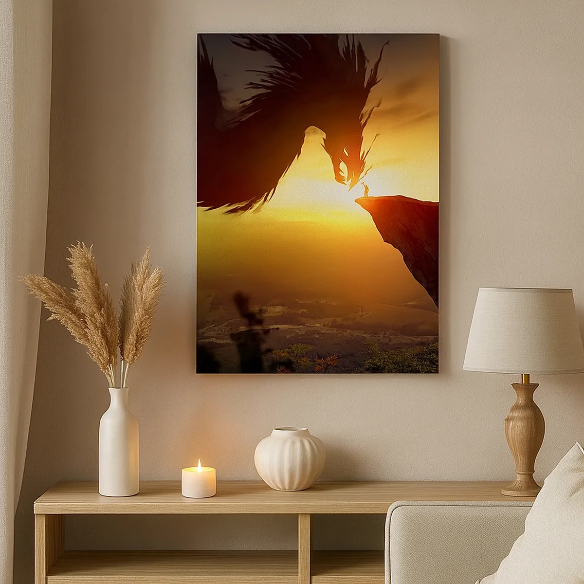 Impression sur toile - Image sur toile - Un dragon et un homme sur un rocher dans la lueur du soleil couchant - 50x70cm - Chasseur de dragon - Décoration murale moderne pour le salon et la chambre ARTTOR