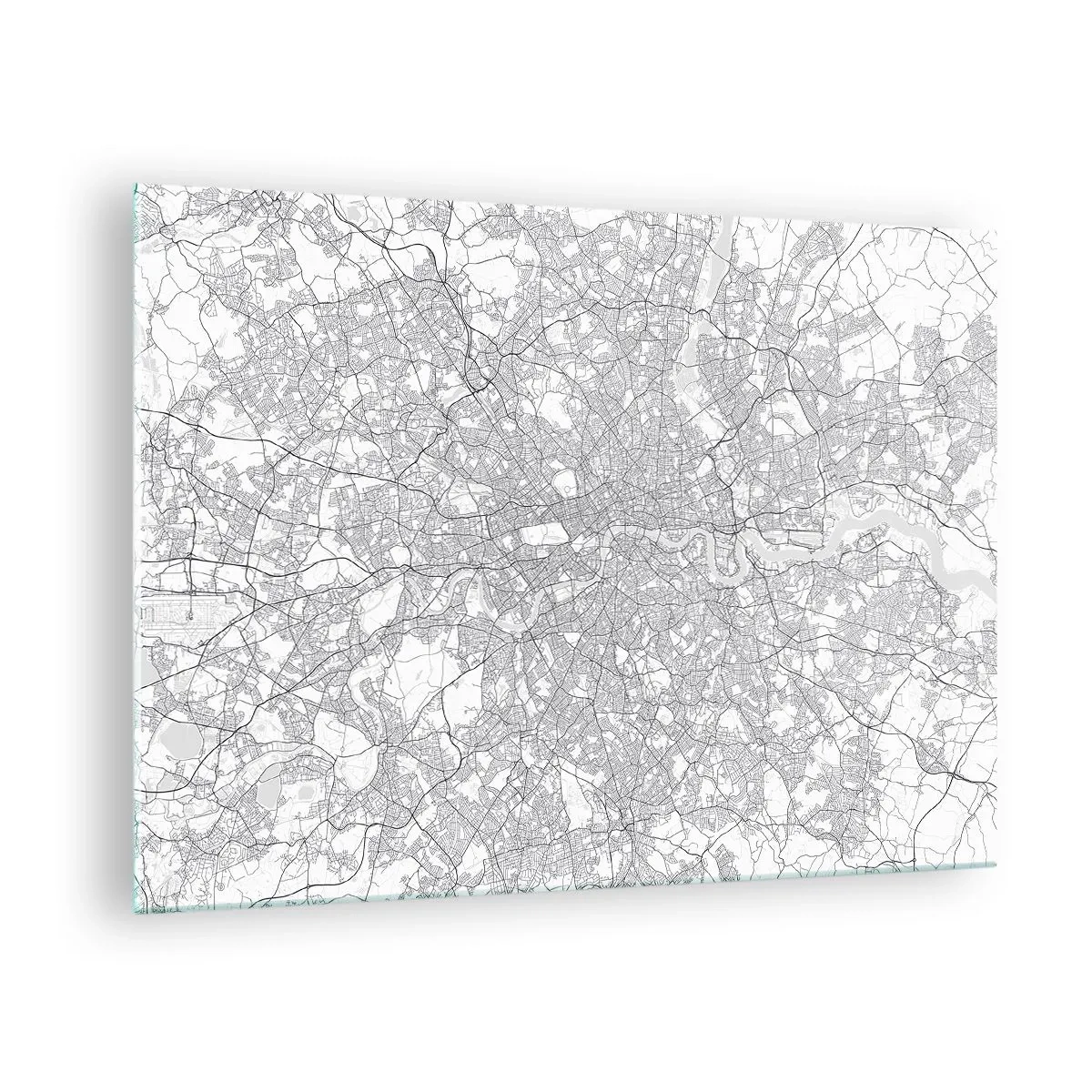 Impression sur verre - Image sur verre - Une carte en noir et blanc avec un quadrillage de rues dense dans un style minimaliste. - 70x50cm - Carte du labyrinthe londonien - Décoration murale moderne pour le salon et la chambre ARTTOR