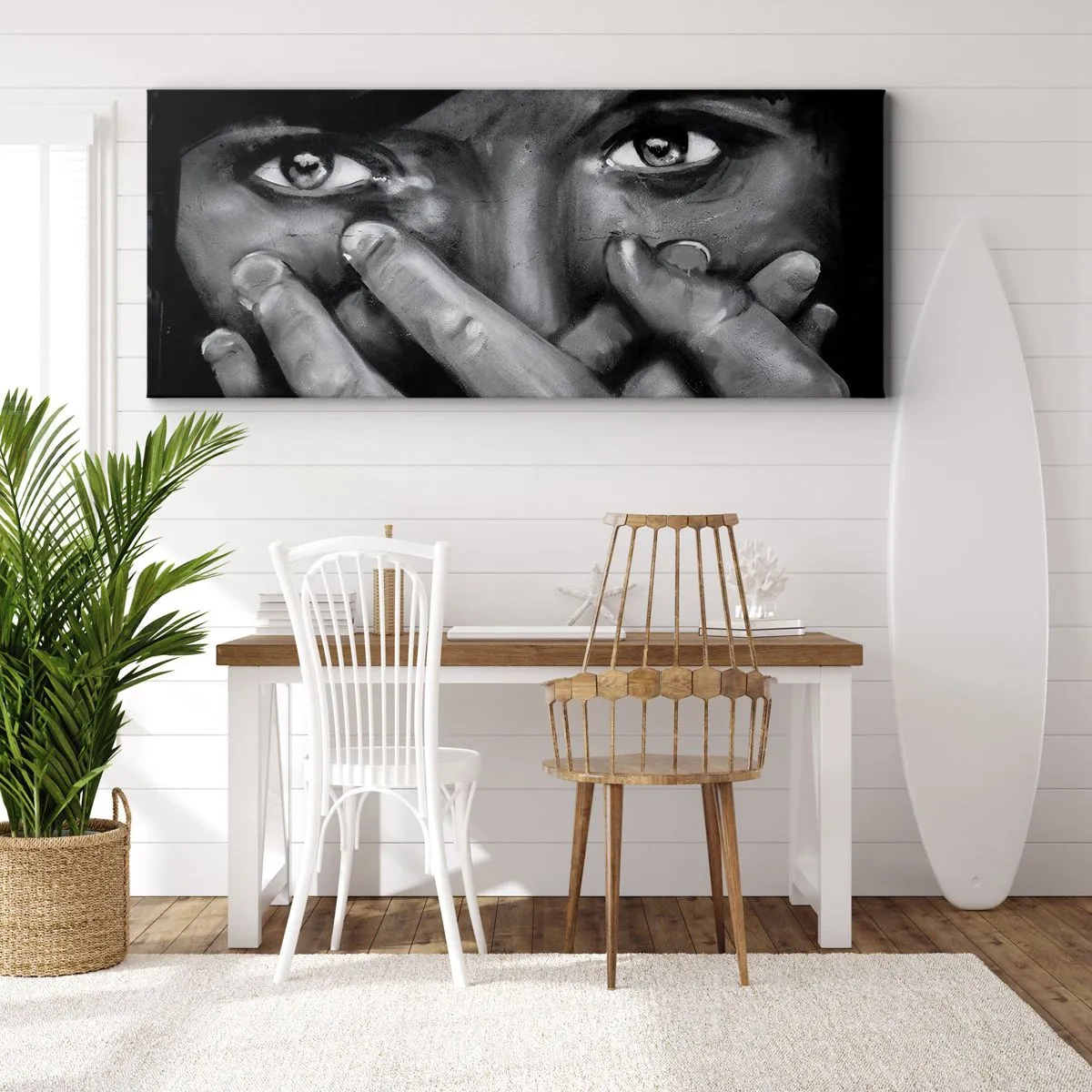 Impression sur toile - Image sur toile - Portrait en noir et blanc d'une femme se couvrant le visage avec ses mains. - 140x50cm - Je ne dirai pas qui a peint - Décoration murale moderne pour le salon et la chambre ARTTOR