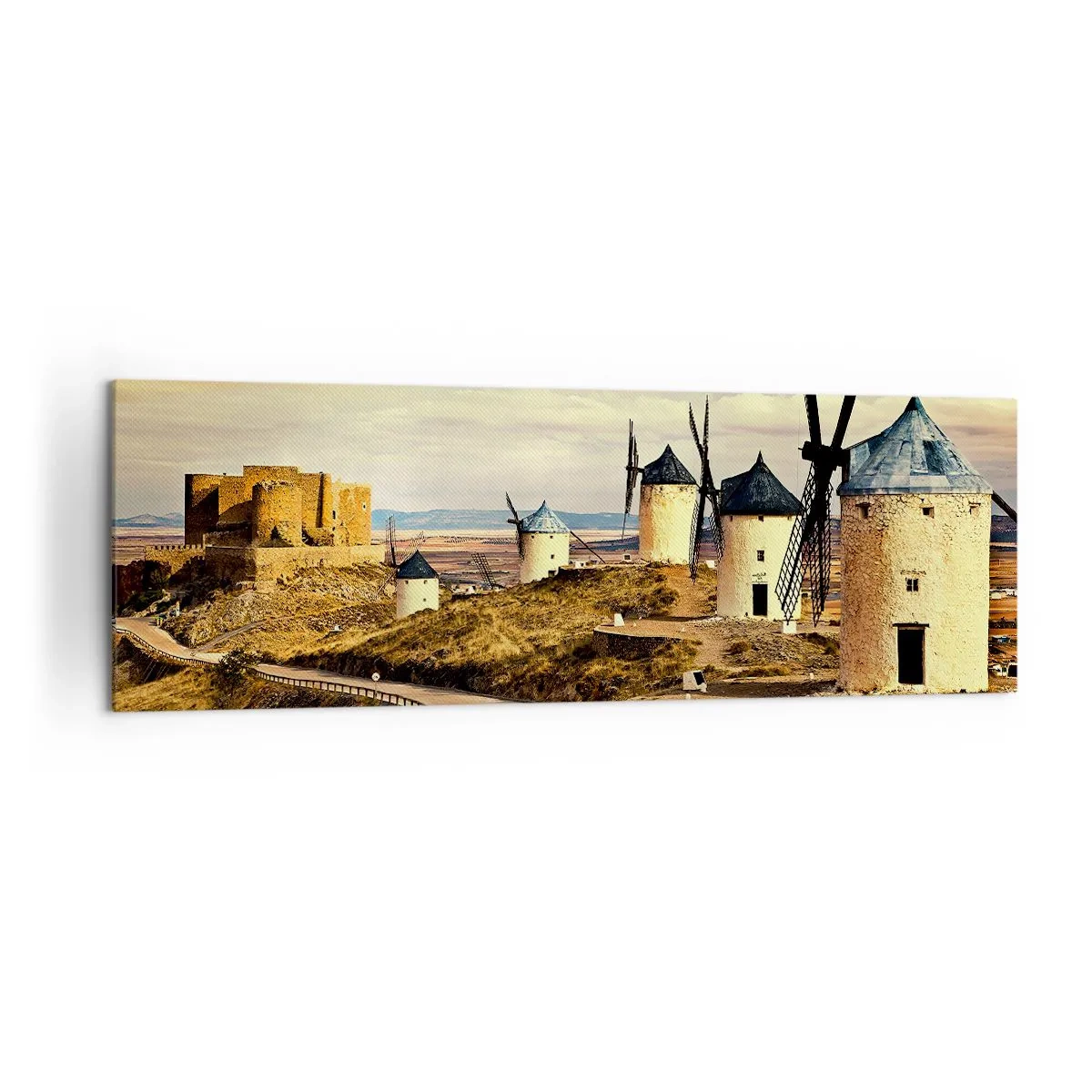 Impression sur toile - Image sur toile - Moulins à vent sur les collines avec un château historique en arrière-plan - 160x50cm - Don Quichotte est sur le point d'arriver - Décoration murale moderne pour le salon et la chambre ARTTOR