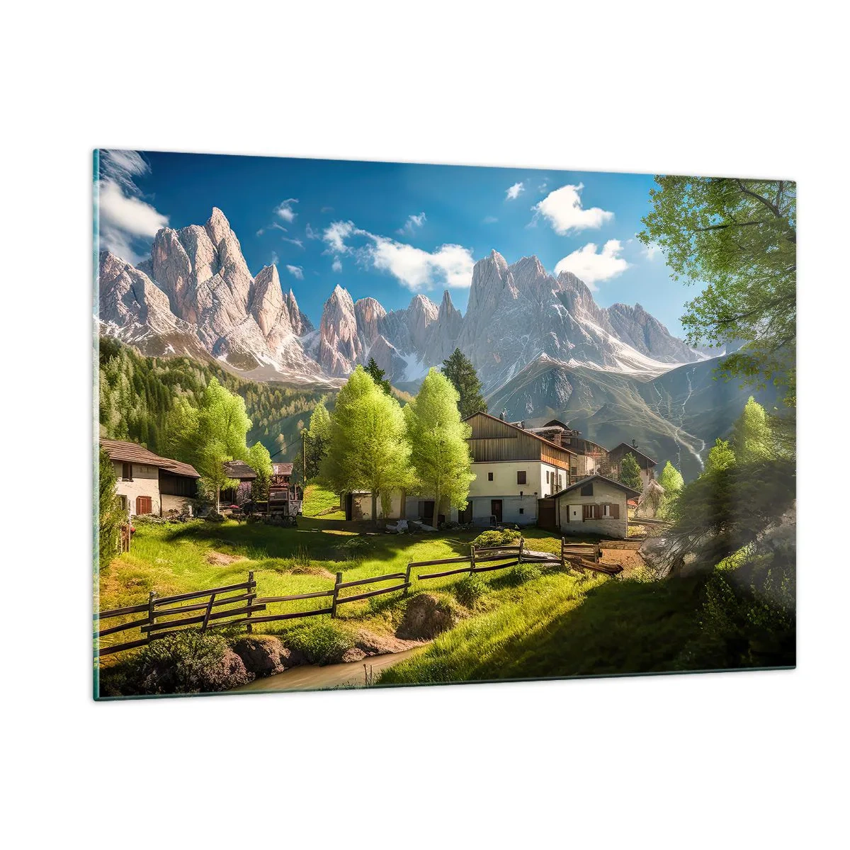 Impression sur verre - Image sur verre - Développement rural dans la verdure au pied des sommets alpins - 120x80cm - Idylle alpine - Décoration murale moderne pour le salon et la chambre ARTTOR