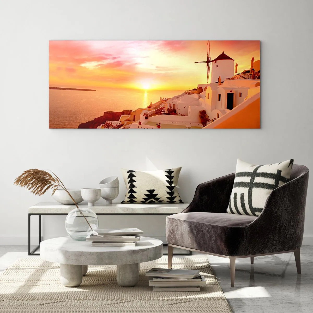 Impression sur verre - Image sur verre - Santorin au coucher du soleil avec un moulin à vent - 160x50cm - Fondre en blanc et or - Décoration murale moderne pour le salon et la chambre ARTTOR