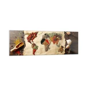 Impression sur verre - Image sur verre - Une carte du monde faite d'épices sur un fond en bois. - 160x50cm - Toutes les saveurs du monde - Décoration murale moderne pour le salon et la chambre ARTTOR