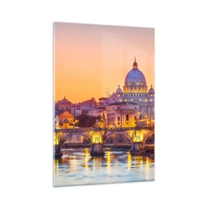 Impression sur verre - Image sur verre - Panorama du Vatican au coucher du soleil avec un pont sur la rivière - 80x120cm - Coucher de soleil sur la ville éternelle - Décoration murale moderne pour le salon et la chambre ARTTOR