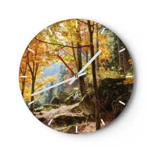 Horloge murale - Pendule murale - Forêt d'automne avec des rayons de soleil - 30x30cm - Il est temps de se détendre - Décoration murale moderne pour le salon, la cuisine et la chambre ARTTOR