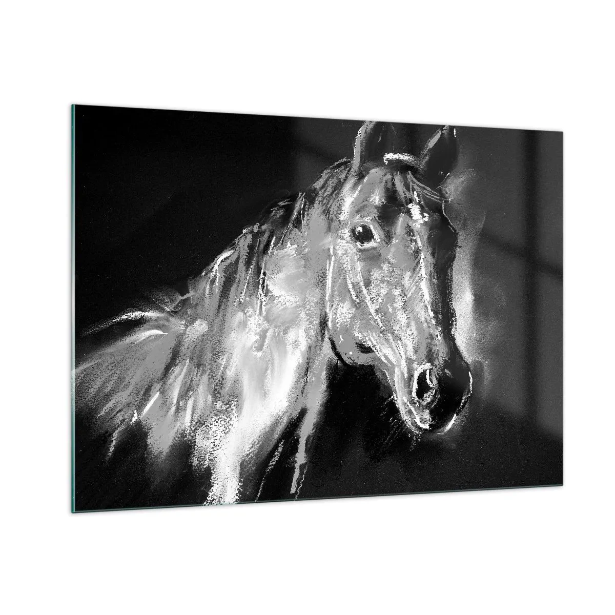Impression sur verre - Image sur verre - Portrait d'un cheval dans les tons de noir et blanc sur fond sombre - 100x70cm - L'éclat d'une âme noble - Décoration murale moderne pour le salon et la chambre ARTTOR