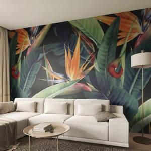 Papier Peint Photo Premium Canvas - Fleurs et feuilles tropicales sur fond noir - 100x70cm - Fleurs flamboyantes des tropiques - Décoration murale moderne pour le salon et la chambre ARTTOR
