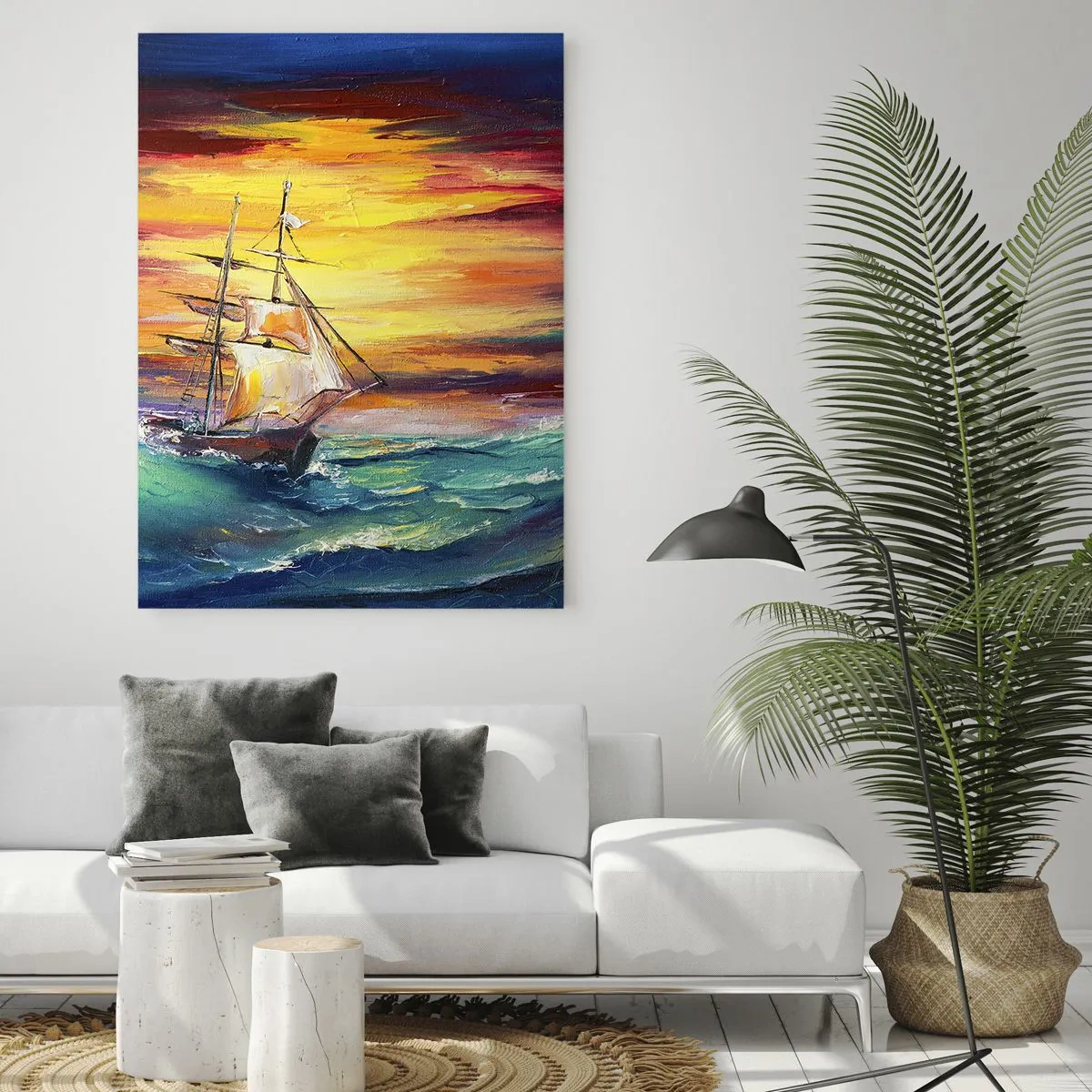 Impression sur verre - Image sur verre - Un voilier sur fond de coucher de soleil coloré - 80x120cm - Courageusement sous les vagues - Décoration murale moderne pour le salon et la chambre ARTTOR