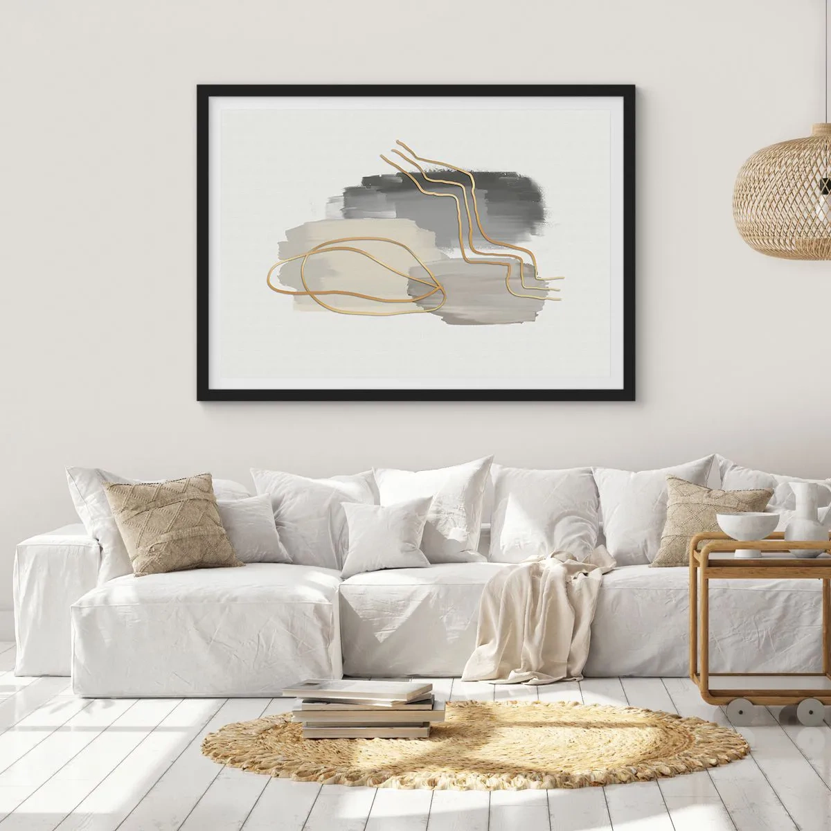 Affiche dans un cadre noir - Poster - Lignes dorées abstraites sur fond gris - 100x70cm - Durée et mouvement - Décoration murale moderne pour le salon et la chambre ARTTOR