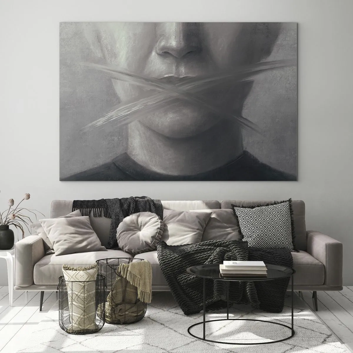 Impression sur verre - Image sur verre - Portrait d'une personne aux lèvres maculées dans des tons de gris - 70x50cm - Sans mot - Décoration murale moderne pour le salon et la chambre ARTTOR