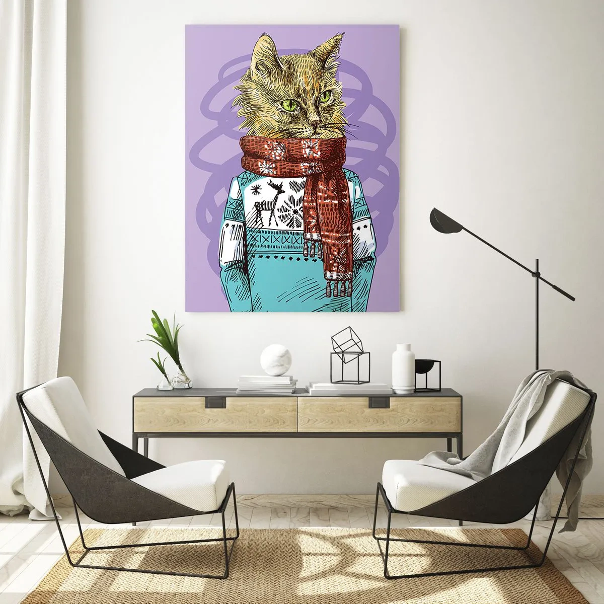 Impression sur verre - Image sur verre - Un chat en pull et écharpe sur fond violet - 50x70cm - Le chat, pas uniquement dans les chaussures - Décoration murale moderne pour le salon et la chambre ARTTOR