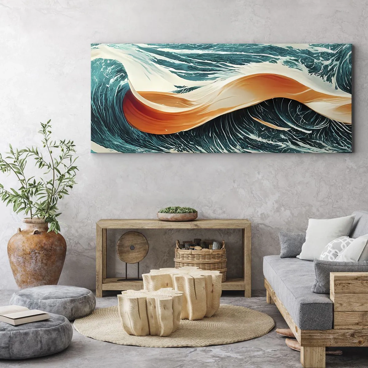Impression sur toile - Image sur toile - Vagues de mer dynamiques avec ruban abstrait - 160x50cm - Le rêve d'un surfeur - Décoration murale moderne pour le salon et la chambre ARTTOR