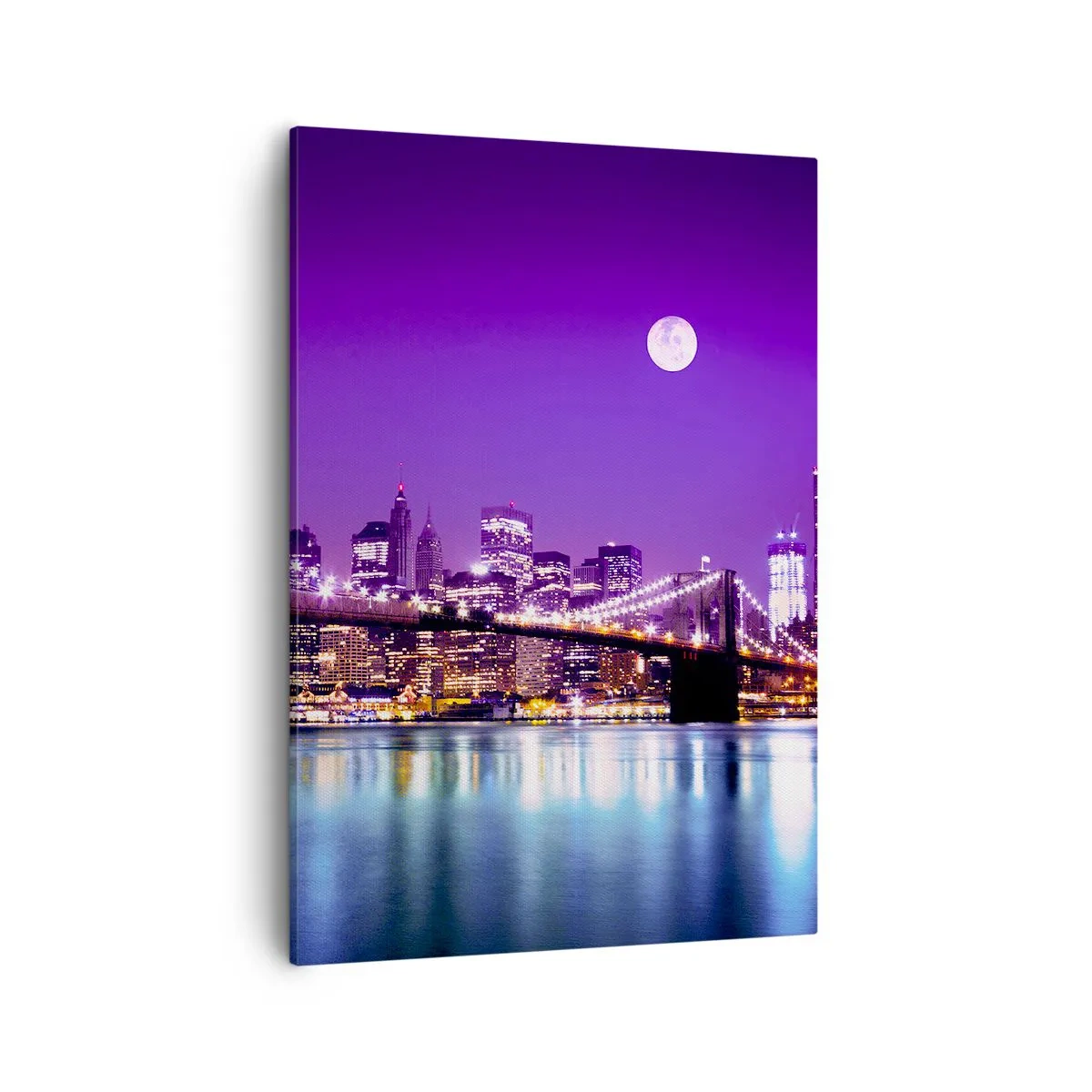 Impression sur toile - Image sur toile - Pont de Brooklyn la nuit avec la ville illuminée et la pleine lune - 50x70cm - Lumières de grande ville en violet - Décoration murale moderne pour le salon et la chambre ARTTOR
