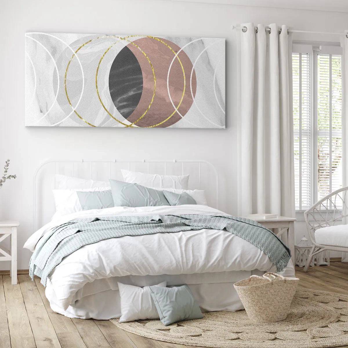 Impression sur toile - Image sur toile - Composition géométrique abstraite avec des cercles et des détails métalliques - 120x50cm - Musique des sphères - Décoration murale moderne pour le salon et la chambre ARTTOR