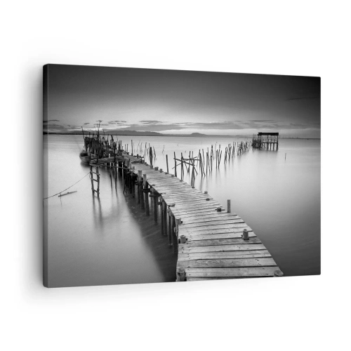Impression sur toile - Image sur toile - Une jetée en bois sur un lac calme dans des tons de gris - 70x50cm - La paix d'un rivage oublié - Décoration murale moderne pour le salon et la chambre ARTTOR