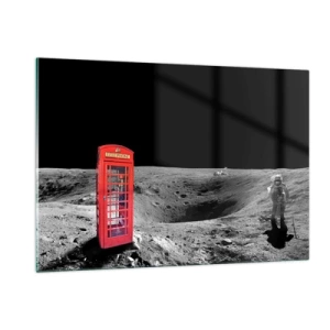 Impression sur verre - Image sur verre - Une cabine téléphonique rouge sur la surface lunaire avec un astronaute - 120x80cm - Une blague cosmique - Décoration murale moderne pour le salon et la chambre ARTTOR