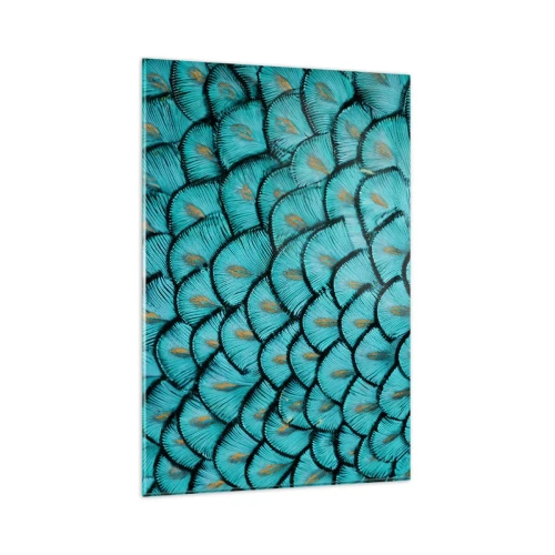 Impression sur verre - Image sur verre - Un motif ressemblant à des écailles turquoise avec des accents dorés - 80x120cm - Le grand gala des plumes - Décoration murale moderne pour le salon et la chambre ARTTOR