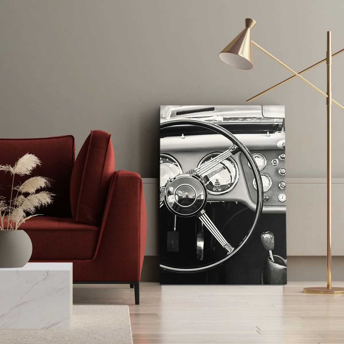 Impression sur toile - Image sur toile - Intérieur de voiture classique noir et blanc - 70x100cm - Rêve de collectionneur - Décoration murale moderne pour le salon et la chambre ARTTOR