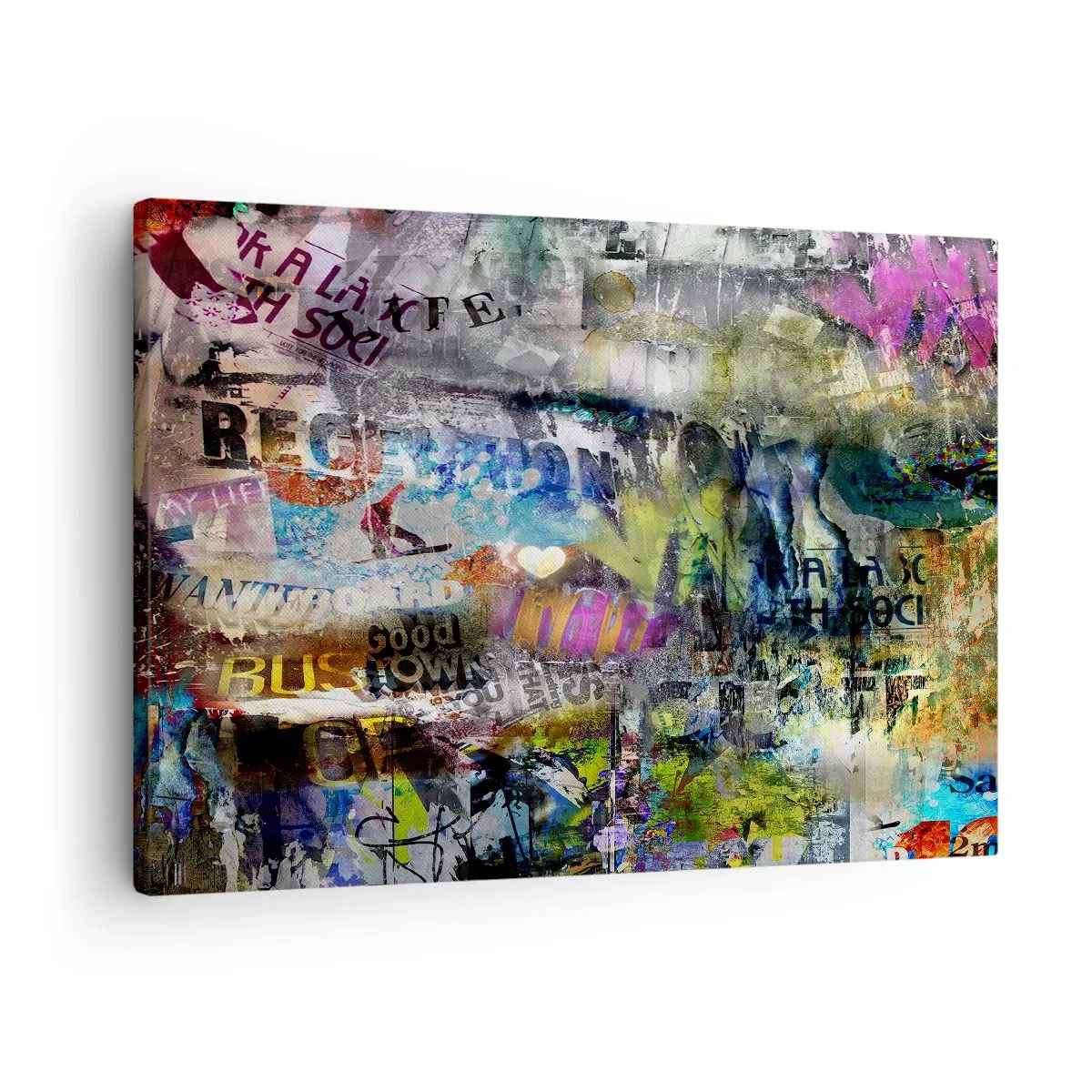 Impression sur toile - Image sur toile - Collage abstrait avec texte et couleurs variées - 70x50cm - Collage de souvenirs - Décoration murale moderne pour le salon et la chambre ARTTOR