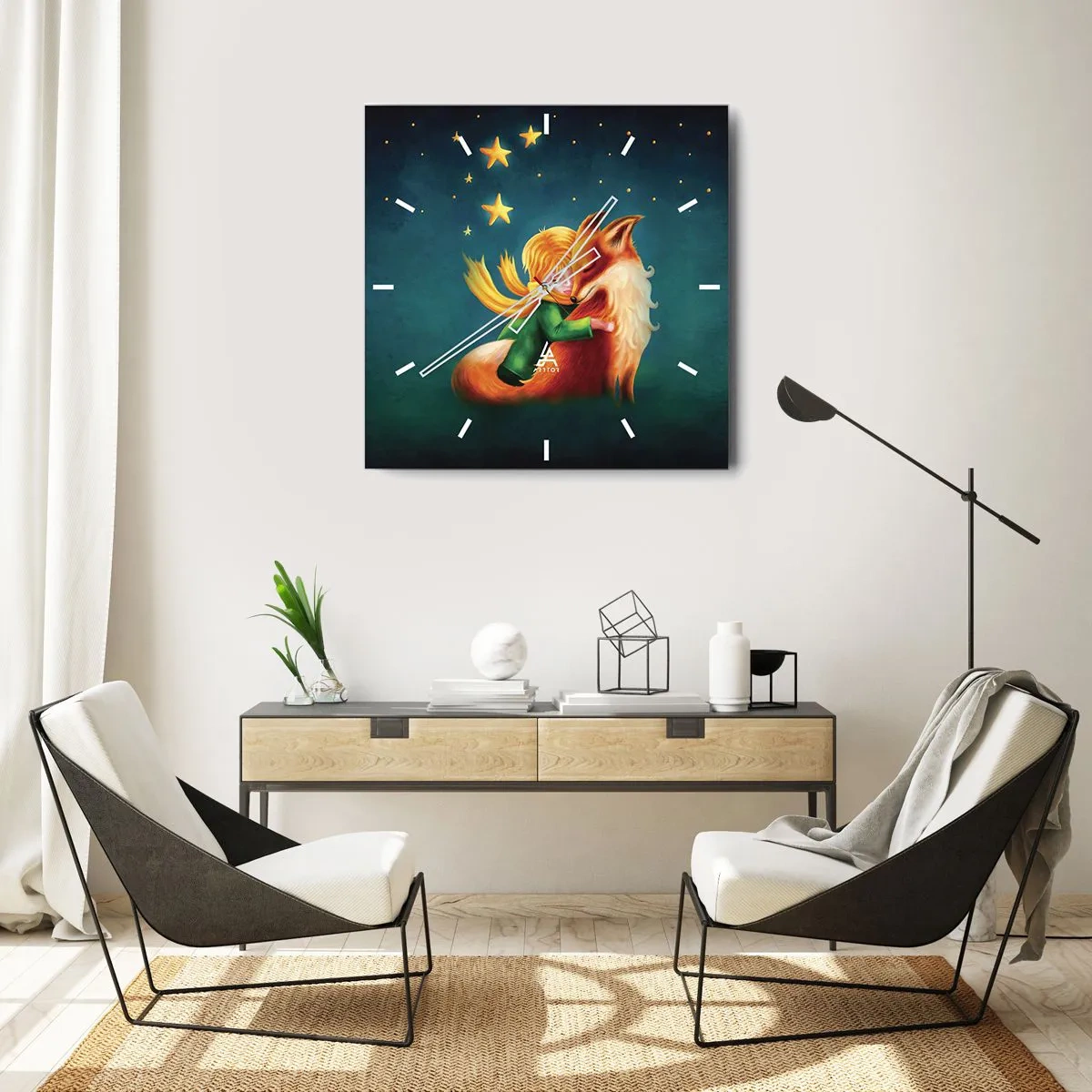Horloge murale - Pendule murale - Un garçon avec un renard dans un décor magique avec des étoiles - 30x30cm - Petit Prince - Décoration murale moderne pour le salon et la chambre ARTTOR