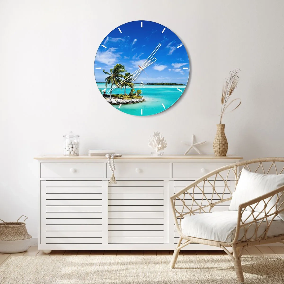 Horloge murale - Pendule murale - Une île tropicale avec des palmiers sur fond de lagon bleu - 30x30cm - Paradis sur Terre - Décoration murale moderne pour le salon, la cuisine et la chambre ARTTOR