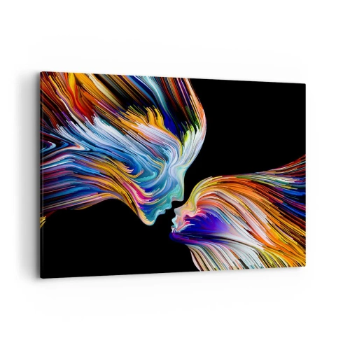 Impression sur toile - Image sur toile - Silhouettes colorées de visages dans des flux dynamiques sur fond noir - 120x80cm - Une fusion d'énergie et de lumière - Décoration murale moderne pour le salon et la chambre ARTTOR