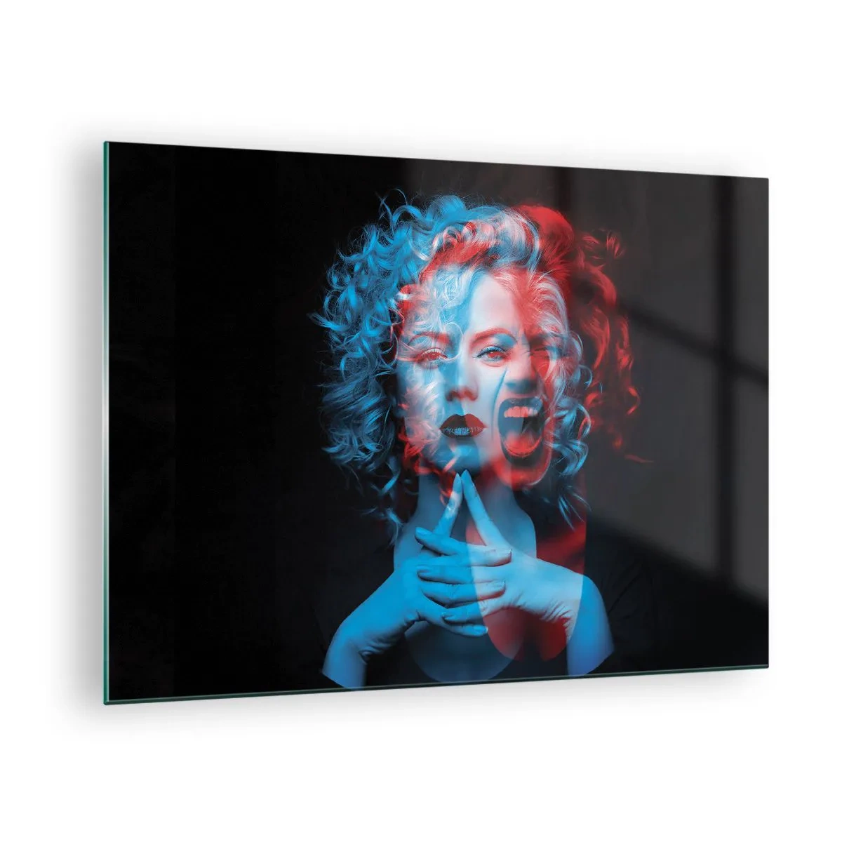 Impression sur verre - Image sur verre - Portrait d'une femme avec un effet de changement de couleur, dans les tons bleus et rouges - 70x50cm - Alter ego - Décoration murale moderne pour le salon et la chambre ARTTOR