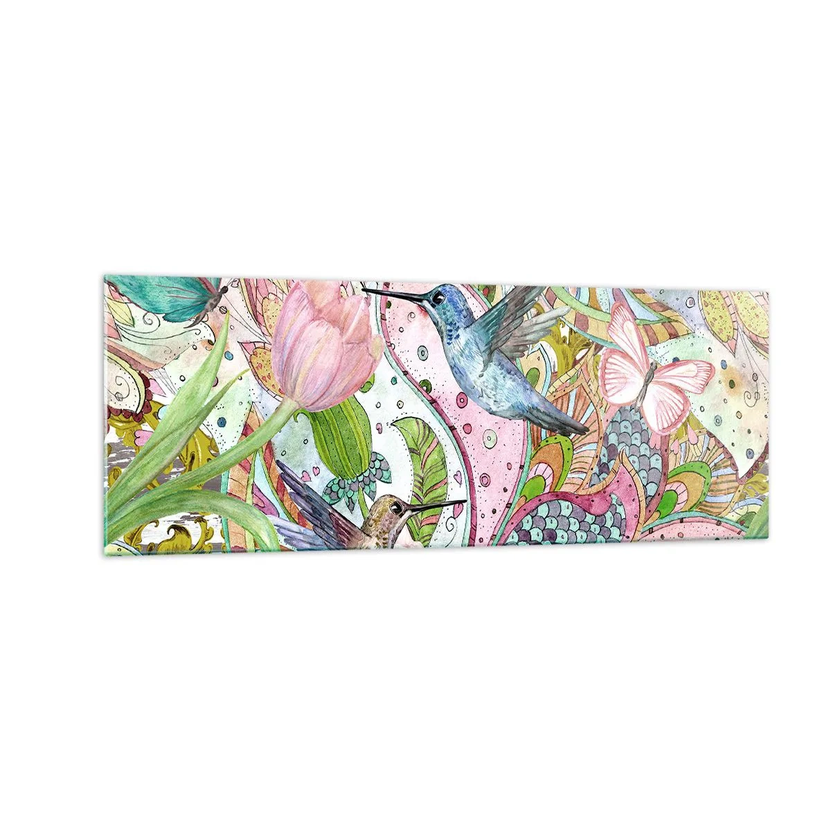 Impression sur verre - Image sur verre - Colibris et papillons colorés parmi les plantes - 140x50cm - Empêtré dans les vignes - Décoration murale moderne pour le salon et la chambre ARTTOR