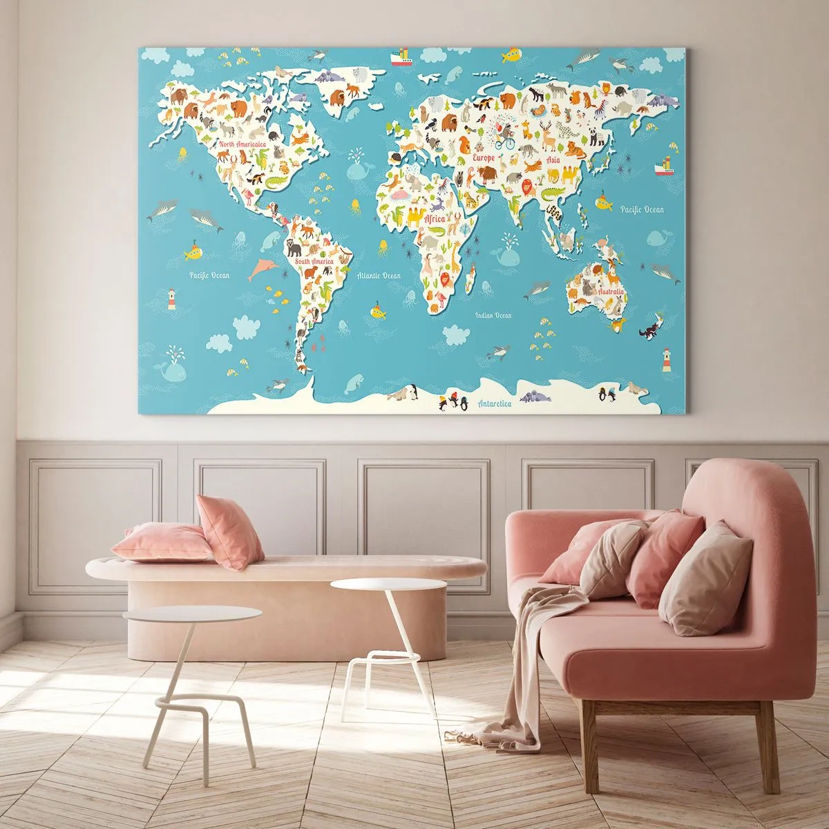 Impression sur verre - Image sur verre - Carte du monde colorée avec des motifs d'animaux et d'océan - 100x70cm - Nous aimons le monde entier - Décoration murale moderne pour le salon et la chambre ARTTOR