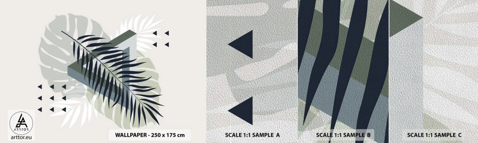 Échantillon de Papier Peint Premium Sand - Nature et géométrie - deux odres? - Feuille de Monstera, Feuille de palmier, Graphique - 100x30 cm