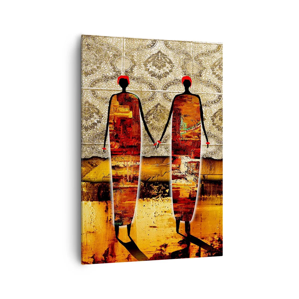 Impression sur toile - Image sur toile - Une paire de figures abstraites sur fond de motifs dorés et d'un paysage. - 70x100cm - Composition ethnique aux couleurs de l'Afrique - Décoration murale moderne pour le salon et la chambre ARTTOR