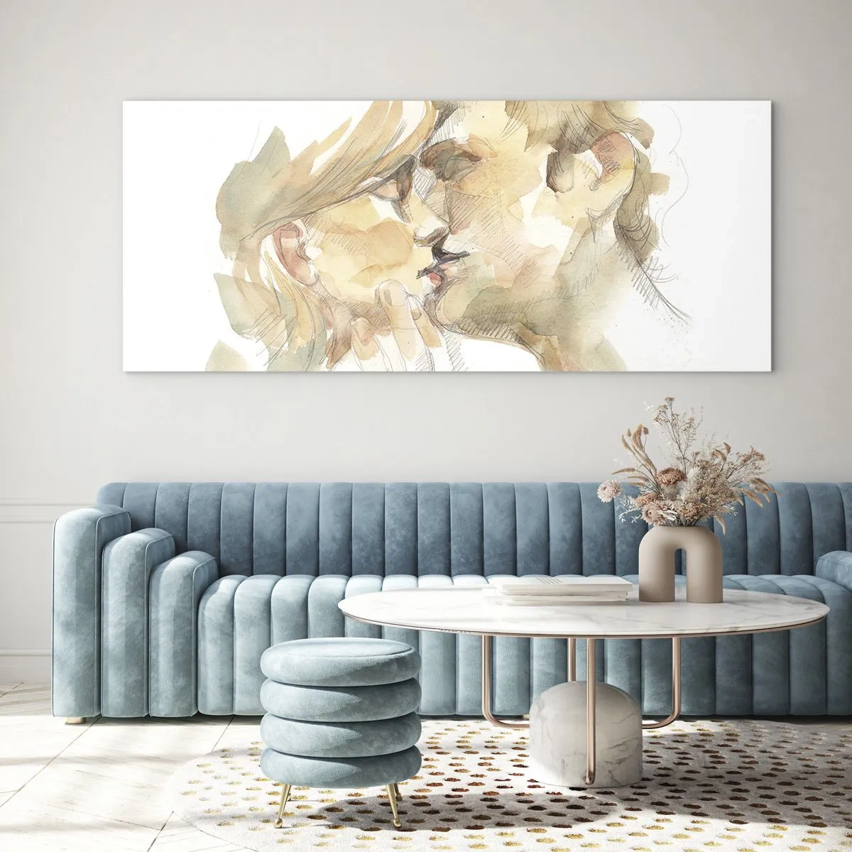 Impression sur verre - Image sur verre - Portrait romantique à l'aquarelle d'un couple s'embrassant - 140x50cm - A moitié trouvé ? - Décoration murale moderne pour le salon et la chambre ARTTOR