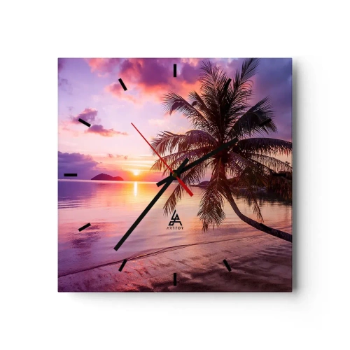 Horloge murale - Pendule murale - Plage tropicale avec palmier au coucher du soleil - 30x30cm - Le bonheur à l'horizon - Décoration murale moderne pour le salon et la chambre ARTTOR