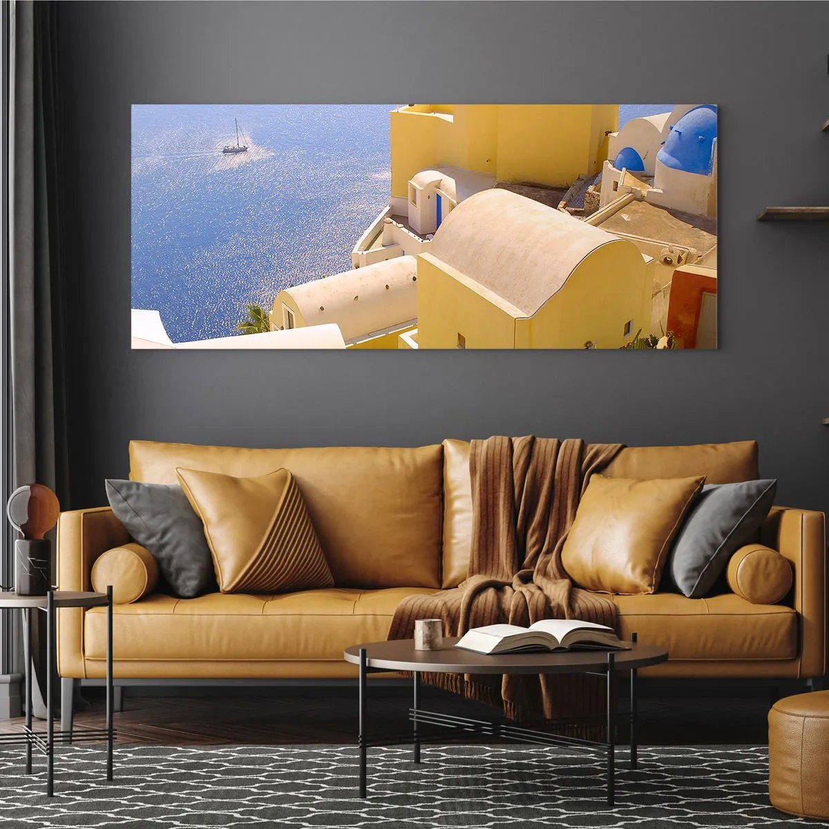 Impression sur verre - Image sur verre - Paysage grec en blanc et bleu ciel - 90x30 cm